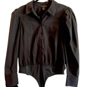 House of Harlow 1960 Bodysuit XL Black Puff Sleeve Button Front Blouse Top